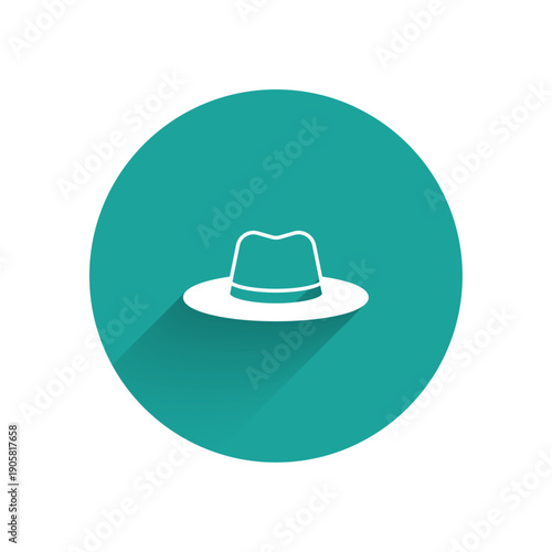 White Man hat with ribbon icon isolated with long shadow background. Green circle button. Vector