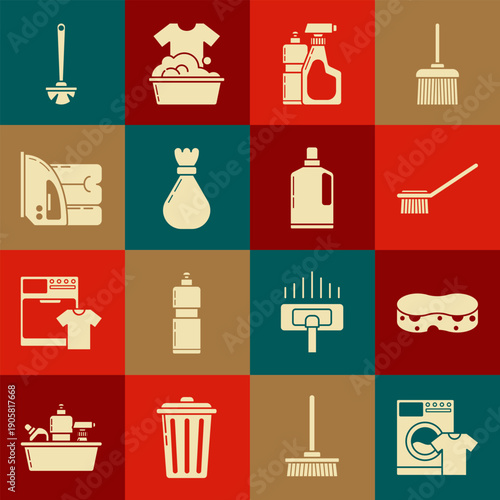Set Washer and t-shirt, Sponge, Toilet brush, Plastic bottles for liquid dishwashing liquid, Garbage bag, Electric iron towel, and icon. Vector