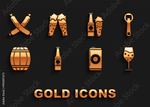 Set Beer bottle, Bottle opener, Glass of beer, can, Wooden barrel, and glass, Crossed sausage and icon. Vector