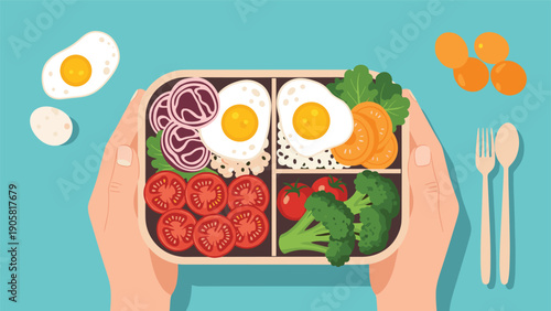 Top view of a person holding a wooden bento lunch box filled with healthy portions of rice, eggs, tomatoes, broccoli, and carrots.