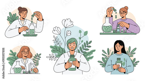 Collage of scenes showing female scientists in lab coats conducting research on plant-based medicines and herbal extracts in a lab.