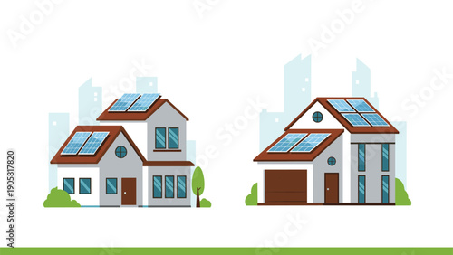 Two examples of eco-friendly modern suburban houses featuring solar panels on their roofs for sustainable energy consumption.