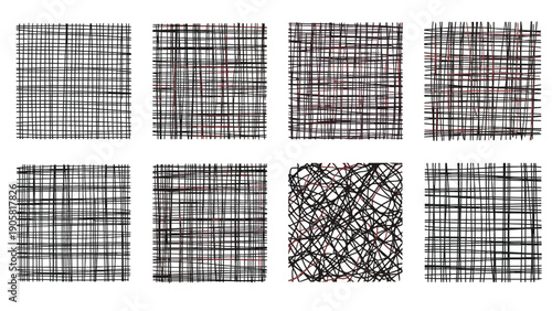 Set of eight unique abstract patterns composed of dense black and red intersecting lines creating various grid-like textures.