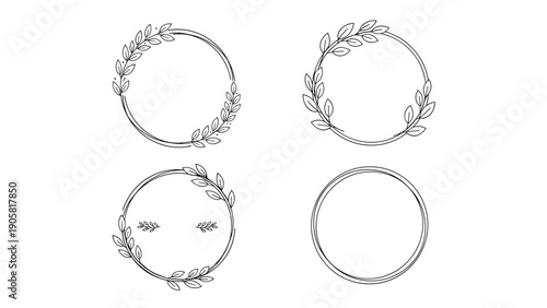 Set of four minimalist circular wreaths composed of delicate black and white hand drawn branches and leaves in different styles.