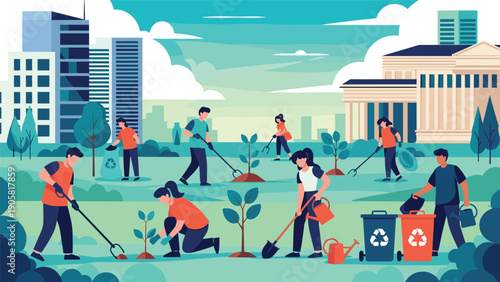 Group of diverse volunteers working together to clean up a city park by planting trees, picking up trash, and recycling waste.