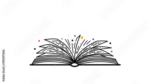 Open book illustration featuring thin black lines for pages and vibrant colorful dots and rays emerging from the center to represent ideas.
