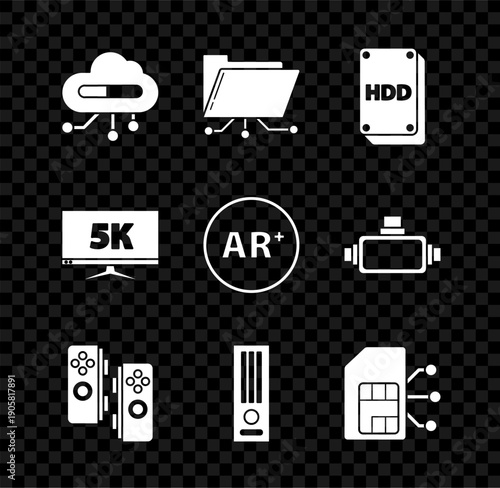 Set Internet of things, Folder and lock, Hard disk drive HDD, Gamepad, Video game console, Sim card, Monitor display with 5k video and Ar, augmented reality icon. Vector