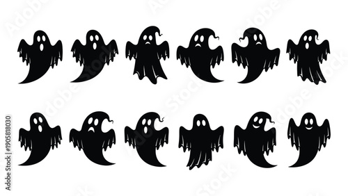 A collection of ghost icons in various poses and positions. Vector