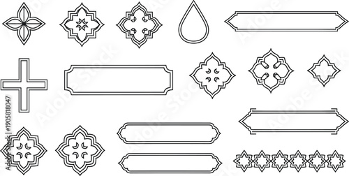 Tree silhouette set with pine fir and deciduous forest elements, nature landscape greenery, cad drawing flat vector illustration, black outline.