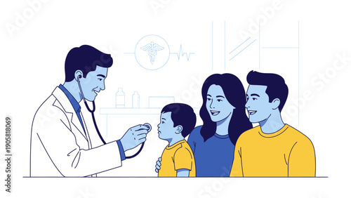 Wellness Check: A cheerful pediatrician performs a check-up on a young child, the child's parents providing support during this routine healthcare experience.