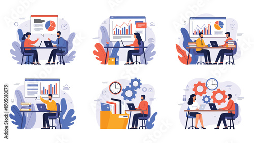Six scenes of colleagues working together in an office using laptops and analyzing data charts with gears and clocks in the background.