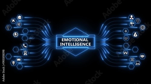 Emotional intelligence network animation with glowing data connections and technology icons, digital empathy awareness and leadership skills concept