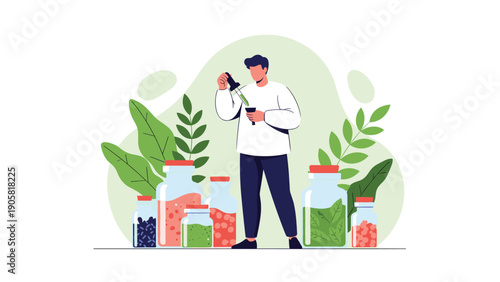 Professional scientist in a lab coat preparing natural herbal extracts and medicines from various plants and berries in glass jars.