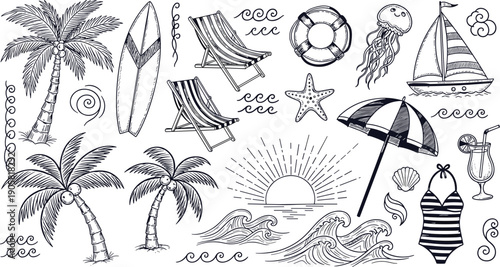 Tree silhouette set with pine fir and deciduous forest elements, nature landscape greenery, cad drawing flat vector illustration, black outline.