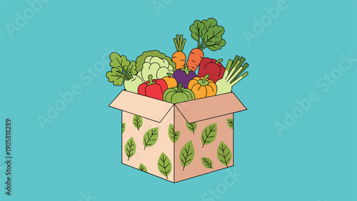 Fresh organic vegetables in a cardboard box featuring healthy produce like carrots, eggplant, and peppers for grocery delivery.