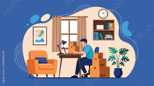 Small business owner working from home office packing cardboard boxes for shipping and delivery while managing online orders.