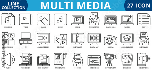 Multi media icon set outline style icon set collection vector illustration