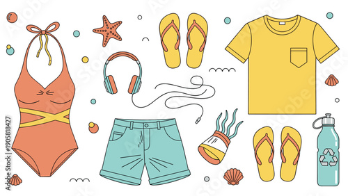Summer vacation essentials and beach gear collection including a swimsuit, flip-flops, sunglasses, and travel accessories.
