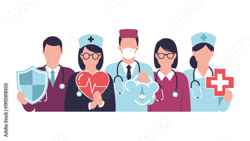 Healthcare Heroes: A compassionate group of healthcare professionals, united in their dedication to providing care and promoting well-being. Holding various symbols of health and protection.