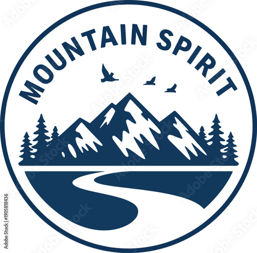 Mountain Spirit Nature Badge Vector with Majestic Peaks, River Path, Pine Forest and Flying Birds in Minimal Monoline Outdoor Adventure Emblem Design