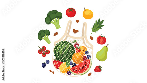 Healthy assortment of organic fruits and vegetables surrounding a reusable mesh grocery bag for sustainable food shopping.