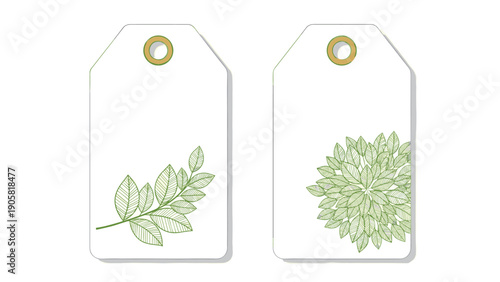 Minimalist white paper gift tags decorated with elegant green leaf illustrations and golden eyelets for sustainable packaging.