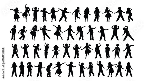 A collection of diverse silhouettes of people in various poses and activities Vector