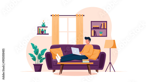 Young man relaxing on a purple sofa while working on a laptop in a comfortable and well-decorated modern living room.