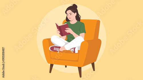 Young woman reading book on armchair illustration, cozy home leisure activity and relaxation concept, modern flat vector style