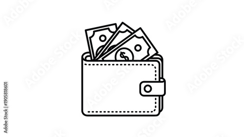 Simple line art icon of a black and white wallet filled with several banknotes, representing finance, wealth, and payment.