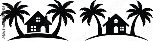 Two houses surrounded by palm trees on a tropical island