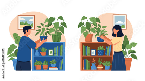 Two panels showing a man and a woman independently caring for their diverse collections of indoor potted plants on shelves.