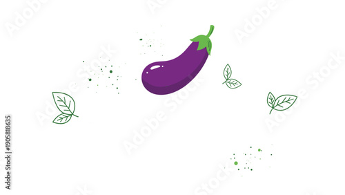 Single vibrant purple eggplant illustrated with green leaves and artistic ink splatters on a clean white background.
