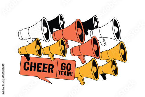 Excited crowd cheering with megaphones, promoting team spirit and encouragement.
