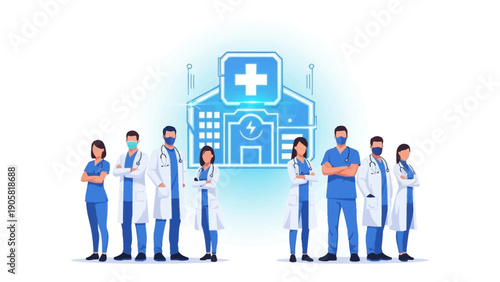 Healthcare Heroes: A team of medical professionals, united by a shared dedication to healing, stands proudly in front of a modern medical facility, symbolizing compassion and expertise.