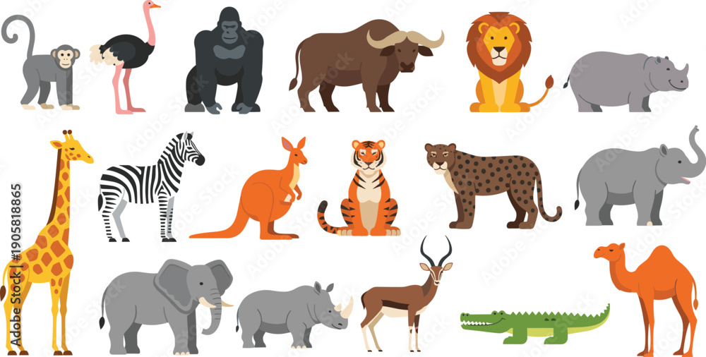 Obraz premium Wild safari animals set with lion elephant giraffe zebra tiger and crocodile