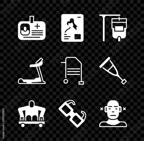 Set Identification badge, X-ray shots, IV bag, Man without legs sitting wheelchair, Eyeglasses, Deaf, Treadmill machine and Walker icon. Vector
