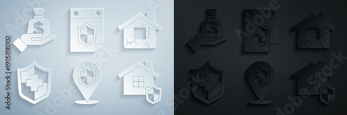 Set Location shield, House, Life insurance with, Calendar and Money hand icon. Vector