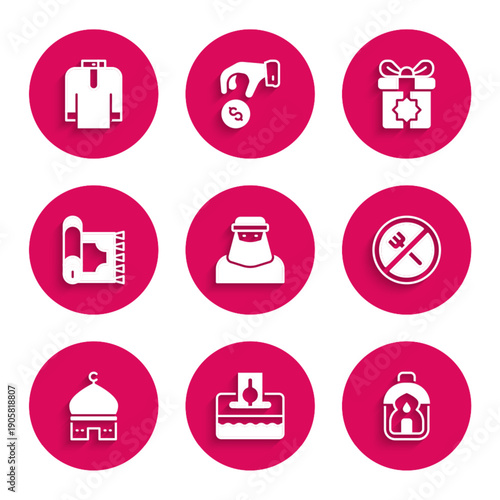 Set Muslim woman in niqab, Donate or pay your zakat, Ramadan Kareem lantern, fasting, Mosque, Traditional carpet, Gift box and Shirt kurta icon. Vector