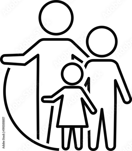 Black and White Family Line Art Icon Representing Parents and Child for Social Services, Insurance Planning, Healthcare Websites, Community Programs, and Relationship Graphic Designs