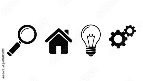 Icons representing investigation, home, ideas, and mechanical processes. Vector
