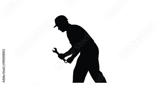 Silhouette of a man with a cap holding a wrench isolated on white