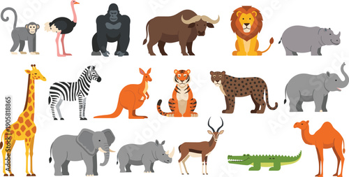 Wild safari animals set with lion elephant giraffe zebra tiger and crocodile