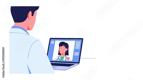 Telemedicine Consultation: A doctor engaged in a telehealth session, interacting with another medical professional on a laptop screen, symbolizing modern healthcare practices.