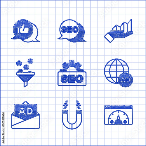 Set SEO optimization, Magnet, Website statistic, Advertising, Lead management, Pie chart infographic and Customer product rating icon. Vector