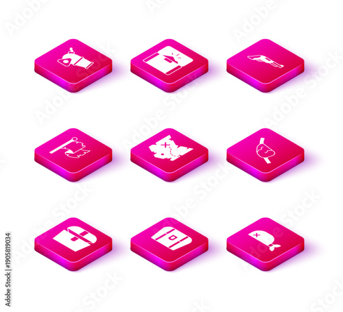 Set Antique treasure chest, Pirate flag, map, bandana for head, eye patch, Vintage pistol and icon. Vector