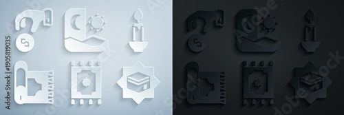 Set Traditional carpet, Burning candle, Kaaba mosque, Ramadan fasting and Donate or pay your zakat icon. Vector