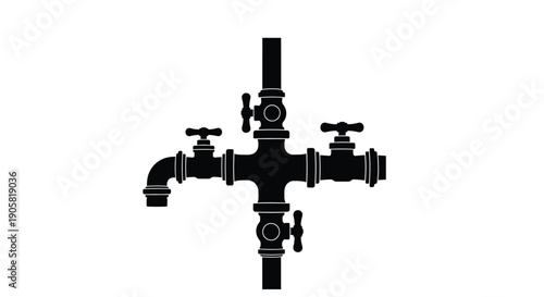 Black and white illustration of interconnected industrial pipe fittings and valves