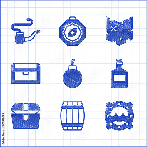Set Bomb ready to explode, Wooden barrel, Ship porthole with seascape, Alcohol drink Rum, Antique treasure chest, Pirate map and Smoking pipe icon. Vector