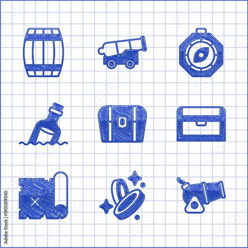 Set Antique treasure chest, Pirate coin, Cannon, map, Bottle with message water, Compass and Wooden barrel icon. Vector